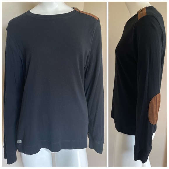 Ralph Lauren Black Long Sleeve Shirt Brown Suede Shoulder Zip Elbow Patches XL - Picture 1 of 16